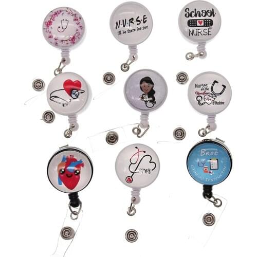 10pcs/lot Wholesale Free Shipping Glass Printed Image Retractable Medical Nurse Stethoscope Lung Heart Badge Reel