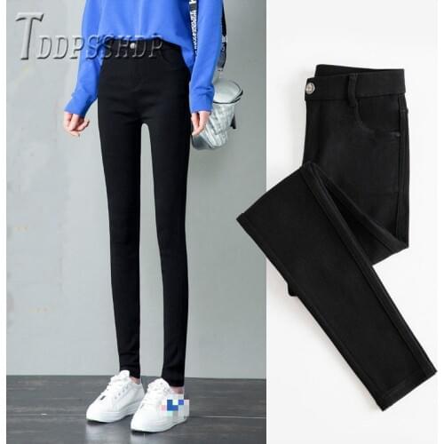 2019 Spring Autumn Black Color Women Pants Plus Size Elastic Lining With Fluff Warm Female Trousers