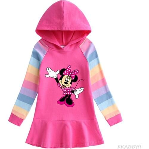 Disney Cartoon Minnie Hooded Dress Children Girl Rainbow Long Sleeve Cotton Dresses Autumn Clothing