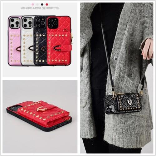 Plaid leather zippered wallet card phone case Brand rhombic Lanyard backpack type case for iPhone 12mini 11 pro Xs max 8 7 plus