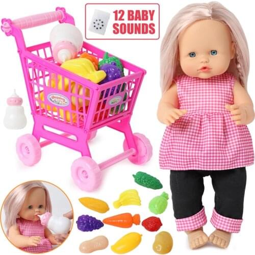 16 inch Simulation sound bebe reborn Doll Fruit cart baby bottle for toy kids 40cm soft Silicone kitchen clothes set Dolls