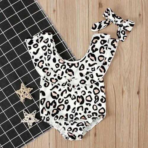 Girls Summer Fashion Leopard Swimsuit + Turban Two-piece Set Cute Swimsuit Baby Baby Swimsuit