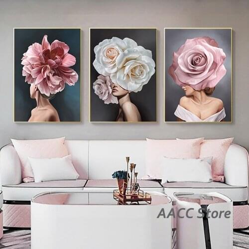 Fashion Women Wall Art Poster Rose Flower Sexy Woman Canvas Painting Modern Vogue Pink White Picture For Living Room Home Decor