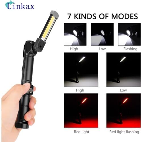 Portable Multifunction 7 Modes Flashlight COB+XPE LED Work Light Foldable Torch Camping Car Inspection Lighting with Magnet Clip