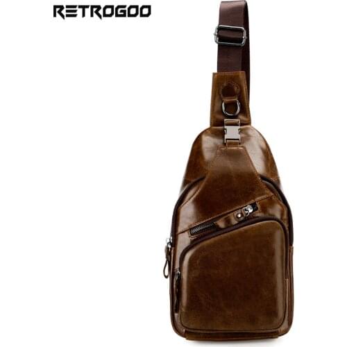 RETROGOO Genuine Leather Chest Bag For Men Casual Messenger Bag Fashion Mens Check Pack Large Capacity Shoulder Bag Men Handbag
