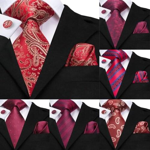 Hi-Tie Wedding Ties for Men Red Paisley Tie Set Silk cravate Luxury Gold Neck Tie Pocket Square Cufflinks Detachable Collar