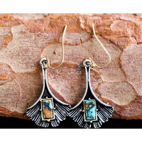 Vintage Ginkgo Engraving Drop Earrings For Women Lady Blue Color Stone Crochet Earrings Chinese Fashion Jewelry Wholesale S4D265