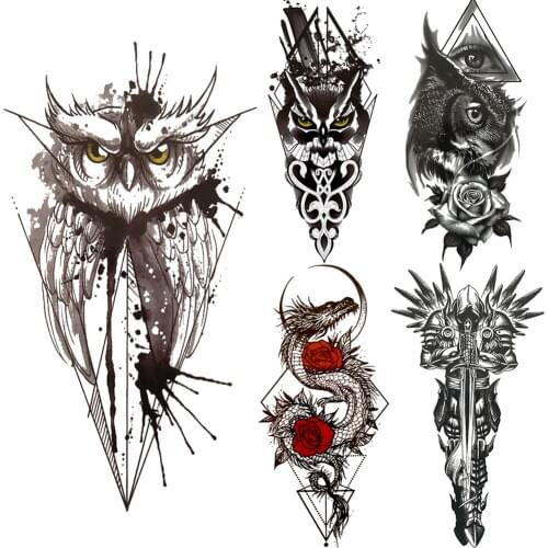 Spray Owl Temporary Tattoo For Women Men Geometric Sword Fake Tattoos Sticker Hands Art Dragon Warrior Flower Tatoos Eyes Back