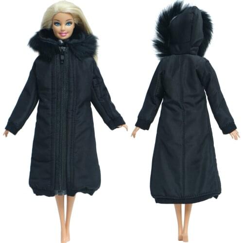 High Quality Black Winter Long Coat Cotton Dress Wear With Hat Warm Jacket Zipper Parkas Clothes for Barbie Doll Accessories