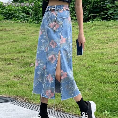 Retro Flowers Print Denim Long Skirts Women 2021 Summer High Waist Slim Sexy Split Jeans Straight Skirt Female Saias