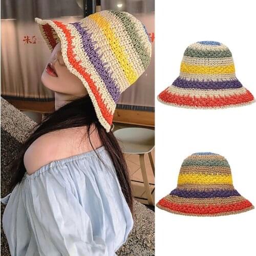 Women Summer Handmade Crochet Straw Sun Hat Rainbow Colorful Stripes Patchwork Wide Brim Sunscreen Vacation Beach Cap