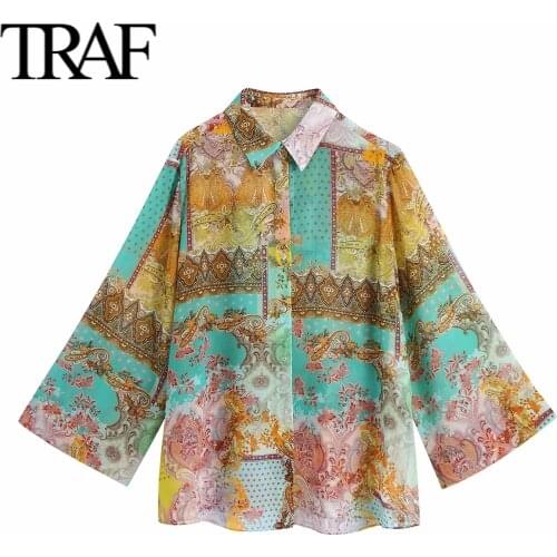 Traf Za Women Clothing 2021 Summer Blouses Fashion and leisure Retro printing Ladies Tops Oversized Shirt