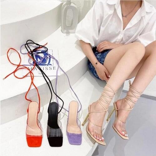 Red Shoes Sexy Cross Strappy Ankle Transparent High Heel Sandals Plus Size 42 Black Sandals Women Summer Square Toe Sandals