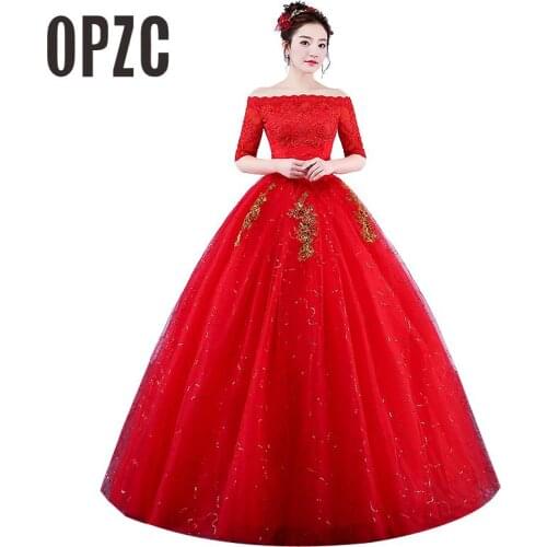 Real Photo Wedding Dresses 2020 Boat Neck Lace Half Sleeve Red Romantic Bride Princess Gold Embroidery Gown Vestido De Novia