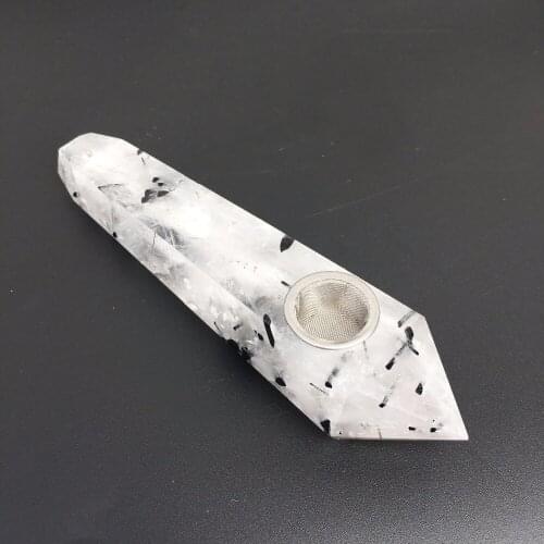 1pcs Natural Black Hair Quartz Crystal Smoking Pipe For Tobacco