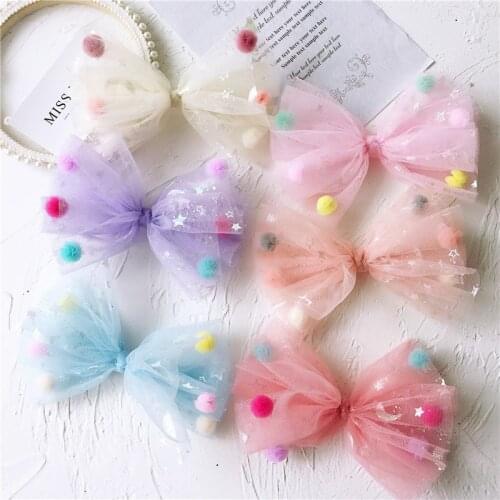 5pcs/lot 14*7cm handmade DIY gauze sticky ball bow Appliques For clothes DIY Childrens hair Clip Hat crafts patches