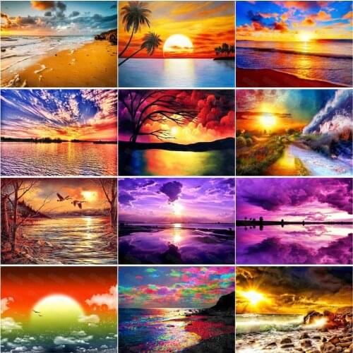 Diy Diamond Painting Modern Beautiful Dreamy Seaside Natural Scenery Purple Sky Seaside Sunrise and Sunset Decorative Painting