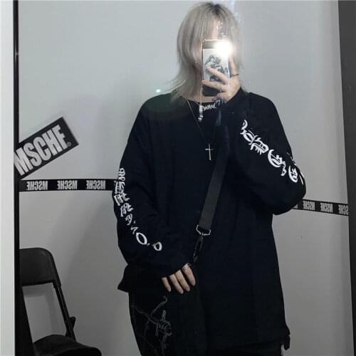 Black Punk T Shirt Hip Hop Oversize T Shirt Girl Cool Tops Female Gothic High Street Harajuku Long Sleeve Clothes White T Shirt