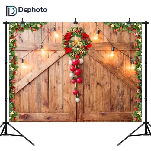 Dephoto Christmas Decor on Rustic Barn Door Wreath Photo Backdrops Wooden Board Vinyl Photography Background Studio Props