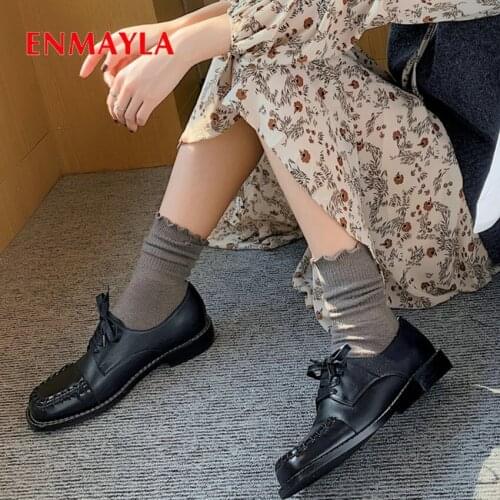 ENMAYLA Casual Round Toe Genuine Leather Shoes Woman Basic Low Square Heel Lace-Up Spring/Autumn Platform Heels 34-39