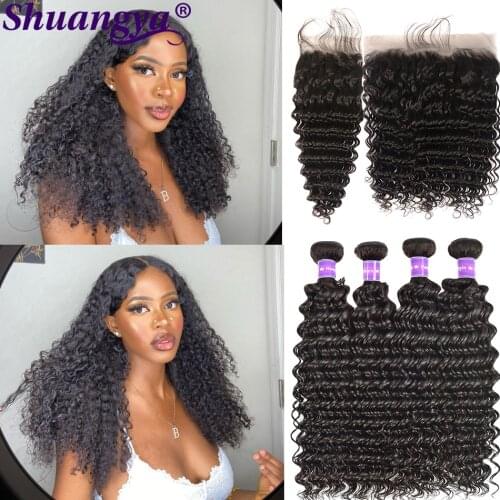 Deep Wave Bundles With Frontal Remy Human Hair Bundles With Frontal Pre Plucked Peruvian Hair Deep Wave Bundles With Closure