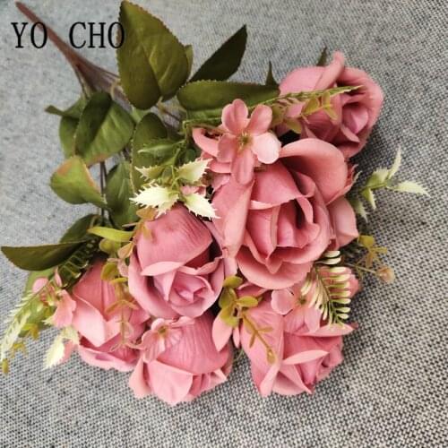 YO CHO Artificial Flowers Silk Rose With Orchid 11 Fork Fake Flower Bridal Bouquet Wedding Home Decoration White Silk Roses