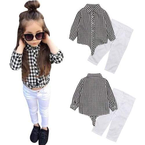 Fashion Girls Long Sleeve Plaid Shirt Blouse Tops White Long Pant 2PCS Kids Girl Clothing Set