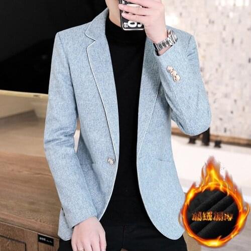 2021 Mens Fleece-Lined Thickened Woolen blazer Youth New Autumn and Winter Solid Color blazer
