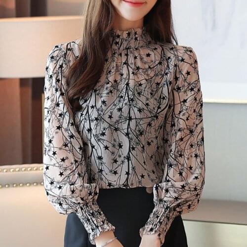 Casual Stand Collar Floral Women Clothing Long Sleeve Printed shirt Women Tops 2021 Autumn Spring Women Chiffon Blouses