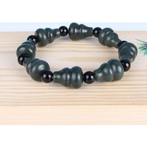 Natural Dark Green Hetian Jade Bracelet Carved Gourd Cucurbit With Beads Women Men Fine Bracelets Nephrite Qing Jades Jewelry