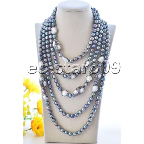 P7429 18“-100" Black Round Freshwater Pearl White Pearl Shuttle CZ Necklace
