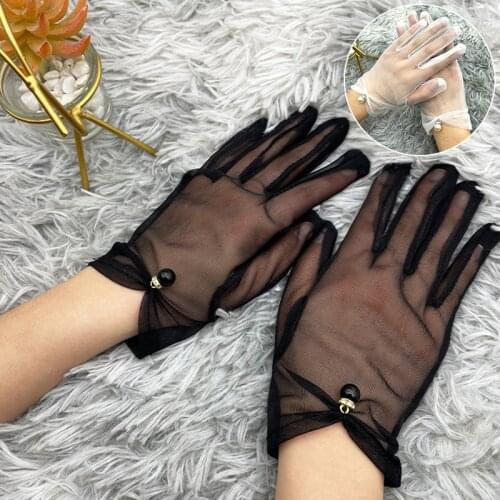 Women Lace Full Finger Gloves Short Tulle Gloves Etiquette Bride Wedding Gloves Black White Summer UV-Proof Fishnet Mitten
