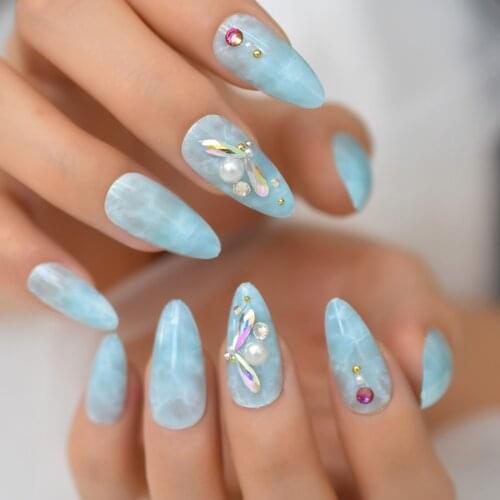 Ice Blue 3D Luxury Press On Nails Pearl Rhinestone Wings Bling False Almond Fake Nails Set Unique Designs For Women Girls