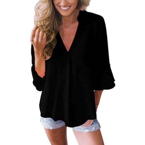Women Shirts V-neck Lotus Three Quarter Sleeve Loose Chiffon Solid Black Shirts Korean Fashion Clothing Lady White Blouse