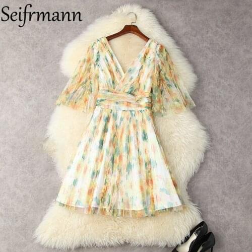 Seifrmann New 2021 Summer Women Fashion Designer Party Midi Dress Sexy V-Neck High Waist Floral Printed Mesh Dresses Vestidos