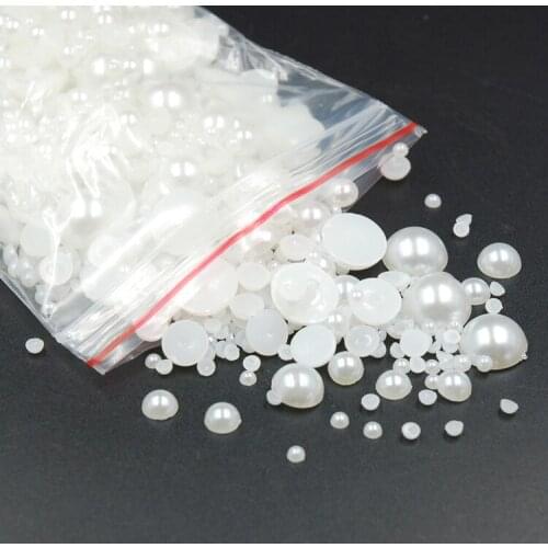 Mixed size(2-12MM) Fashion 1000pcs/pack Ivory/White Half Round DIY Resin Flatback Nail Art Pearl For Nail Decoration