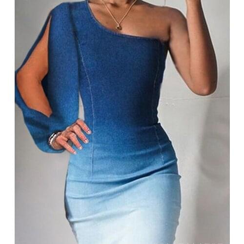 Wepbel Party Dress High Waist Slim Slim-Fit Gradient Dress Women One Shoulder Sexy Bodycon Pencil Dress Robe Portefeuille