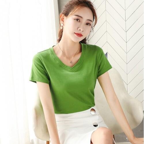 BOBOKATEER cotton t shirt women tops casual v-neck tee shirt femme white solid t shirt women tshirt summer funny t shirts 2020