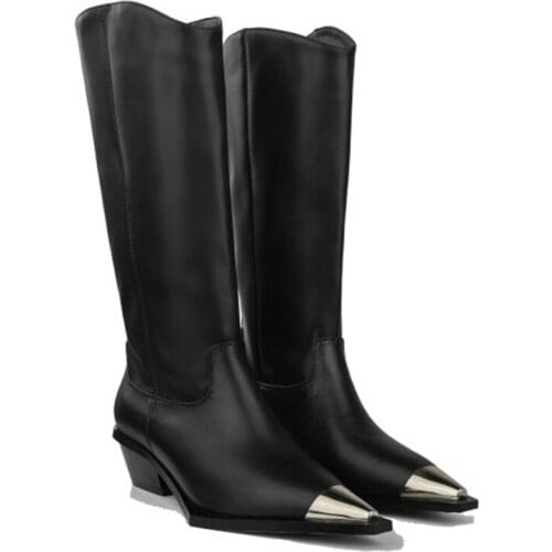 Autumn New Mid-Calf Boots For Women Retro Metal Pointed Toe Sexy Shoes Women Thick Heels Winter Boots Women botines mujer 2020