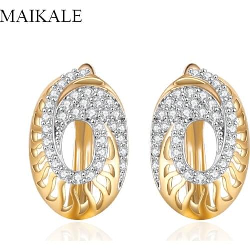 MAIKALE Luxury Cubic Zirconia Round Stud Earrings for Women Hollow Geometric Gold Crystal CZ Earring Fashion Jewelry Accessories
