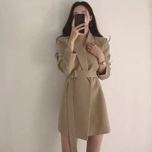 Spring Autumn Womens Long Blazers Jacket With Belt Female Notched Outerwear Office Lady Coat England Style Cardigan 2021