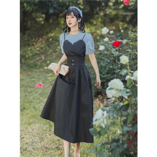 Women Summer Korean College Style Retro Two Piece Set Blue T-shirt+Black V-neck High Waist Retro Sling Dress Suit
