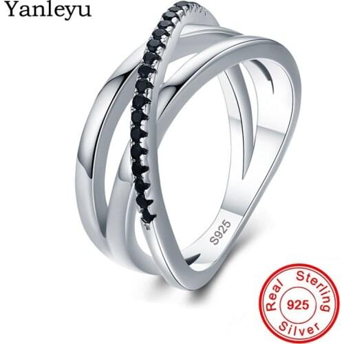 Yanleyu X Shape Cross Ring Female Personality Wedding Rings for Women Sterling 925 Silver Black Zircon Fine Jewelry PR423