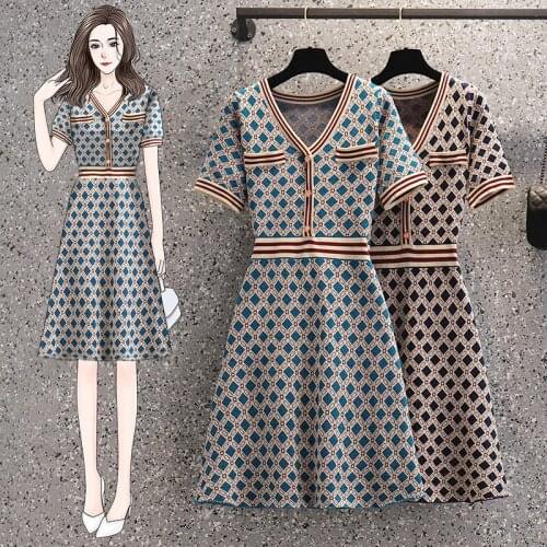 EHQAXIN Summer Autumn Large Size Womens Knitwear Dress Casual V-Neck Plaid Short Sleeve Button Dress Small Fragrant Style L-4XL