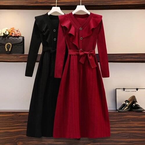 Plus Size Womens Clothing Knitted Dress 2021 Spring V-neck Elegant Ruffled Trim Long Sleeve Solid Pleated Sweater Dress Women