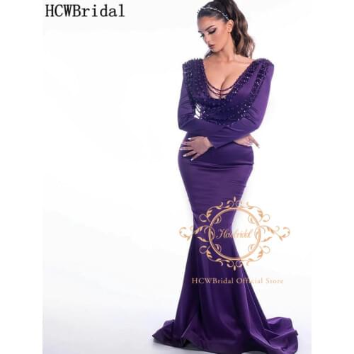 Elegant Purple Long Sleeves Evening Dress With Beading V Neck Floor Length Women Formal Gowns Mermaid Evening Dresses Plus Size