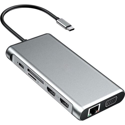 12 in 1 USB Type C HUB Dual 4K USB3.0 USB2.0 PD VGA RJ45 3.5mm TF/SD Card /Jones
