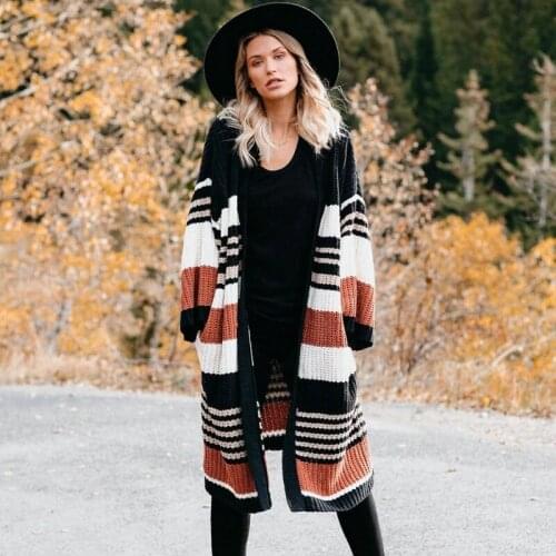 Long Cardigan Women Sweaters Long Sleeve Pocket Cardigans Casual Knitted Sweater 2020 Women Loose Striped Patchwork Cardigan