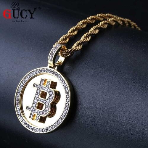GUCY Hip Hop Pendants & Necklaces Gold Color Plated Iced Out Micro Pave CZ Stones Round Bitcoin Pendant Necklace Gift For Men