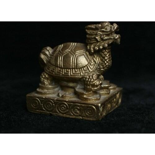 Chinese Folk Fengshui Brass Lucky Wealth Dragon tortoise Turtle Statue Sculpture